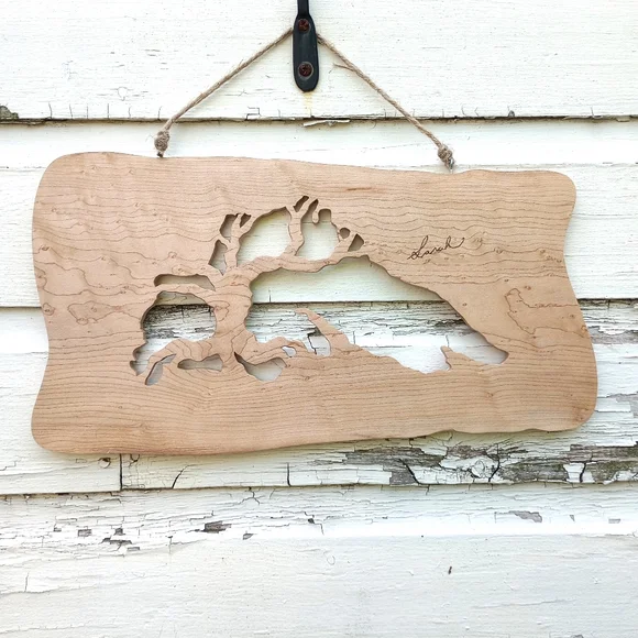 Hand Carved Wood Lake Superior Wall Hanging with Tree - Picture 6 of 6
